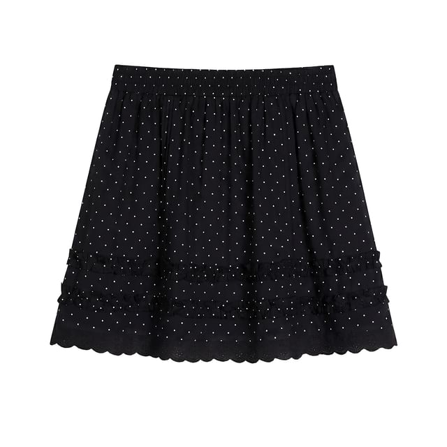 Short-Sleeve Tie-Neck Plain T-Shirt / High Waist Dotted Ruffled Mini A-Line Skirt
