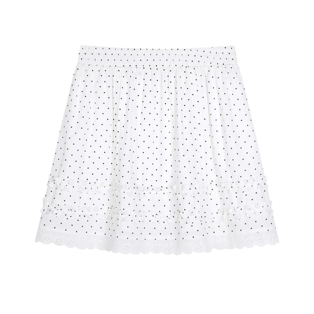 Short-Sleeve Tie-Neck Plain T-Shirt / High Waist Dotted Ruffled Mini A-Line Skirt