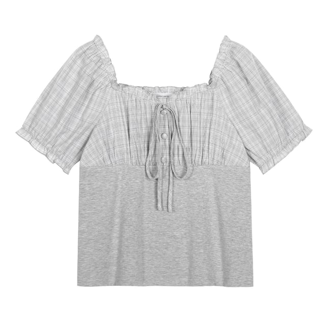 Puff-Sleeve Square-Neck Plaid Panel  Blouse / High Waist Plain Pleated Mini A-Line Skirt