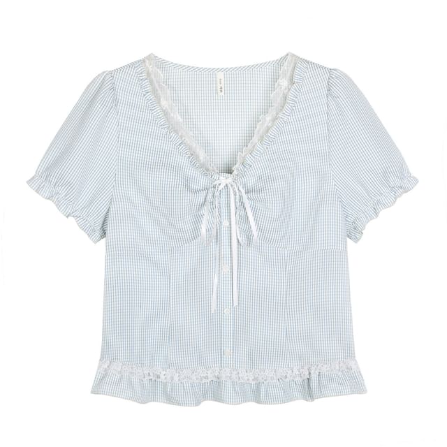 Puff-Sleeve V-Neck Lace Trim Gingham Blouse / High Waist Plain Pleated Mini A-Line Skirt