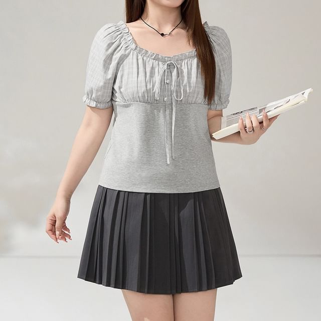 Puff-Sleeve Square-Neck Plaid Panel  Blouse / High Waist Plain Pleated Mini A-Line Skirt