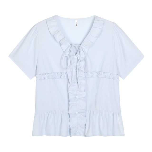 Short-Sleeve V-Neck Plain Ruffled Blouse / High Waist Midi A-Line Skirt