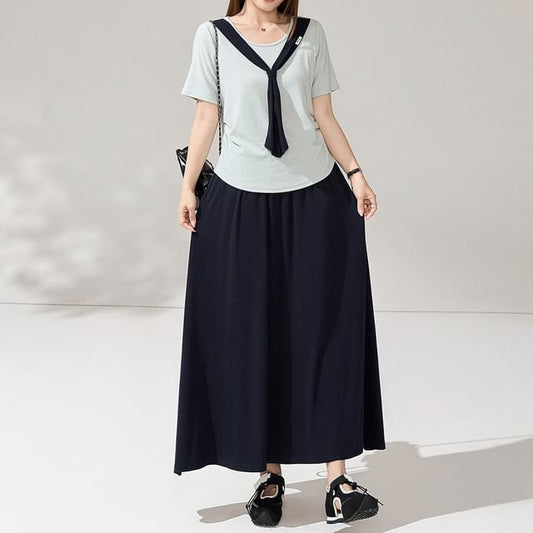 Set: Short-Sleeve Two-Tone Tie-Neck T-Shirt + High Waist Plain Midi A-Line Skirt