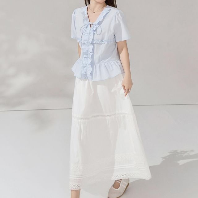 Short-Sleeve V-Neck Plain Ruffled Blouse / High Waist Midi A-Line Skirt