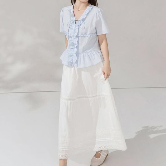 Short-Sleeve V-Neck Plain Ruffled Blouse / High Waist Midi A-Line Skirt