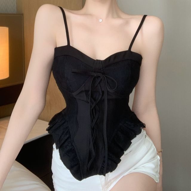 Plain Ruffle Lace Up Panel Lace Camisole Top