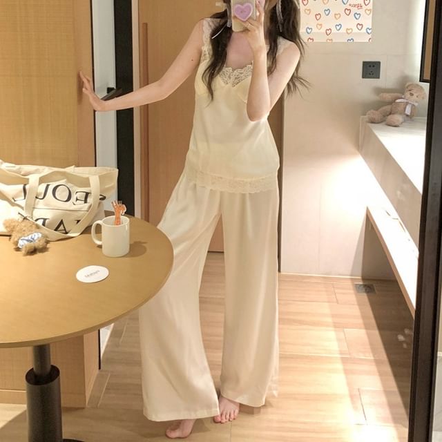 V-Neck Plain Panel Lace Camisole Top / Shorts / Straight Leg Pants / Set