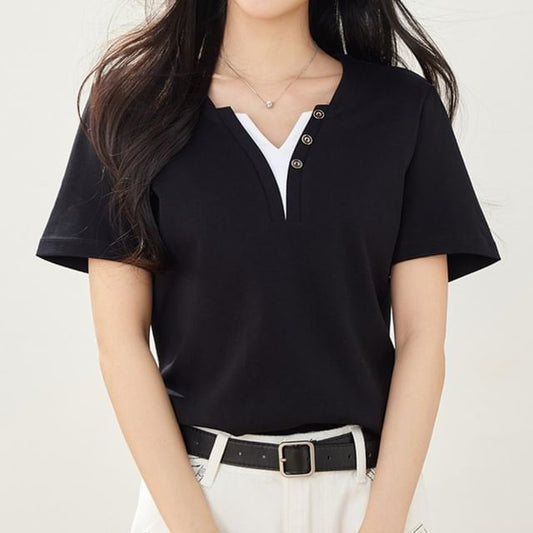 Notch Neck Two-Tone Short Sleeve Tee