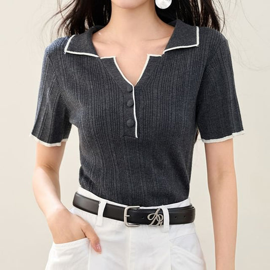 Collared Contrast Trim Short Sleeve Knit Top