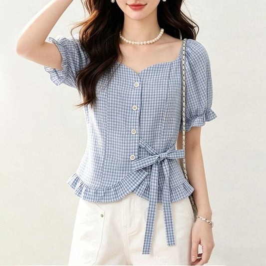 Square Neck Plaid Crop Blouse