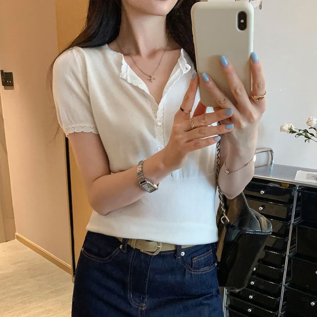 Crew Neck Half-Button Short Sleeve Slim Knit Top