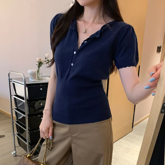 Crew Neck Half-Button Short Sleeve Slim Knit Top