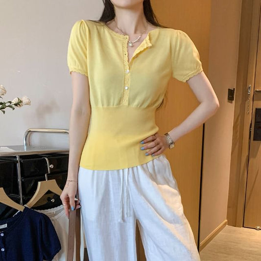 Crew Neck Half-Button Short Sleeve Slim Knit Top