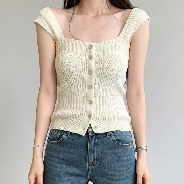 Square Neck Button-Up Knit Crop Tank Top