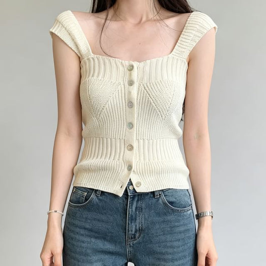 Square Neck Button-Up Knit Crop Tank Top