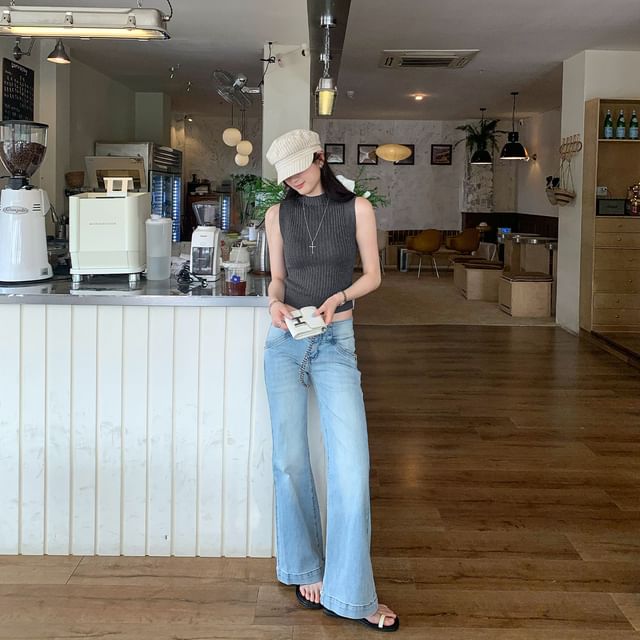 Mock Neck Plain Knit Crop Tank