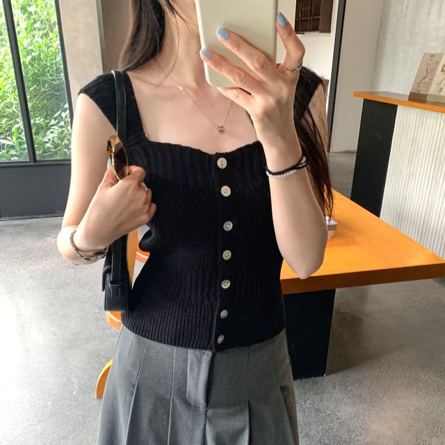Square Neck Button-Up Knit Crop Tank Top