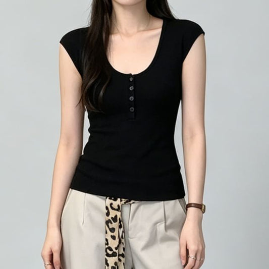 Scoop Neck Cap Sleeve Slim Knit Top