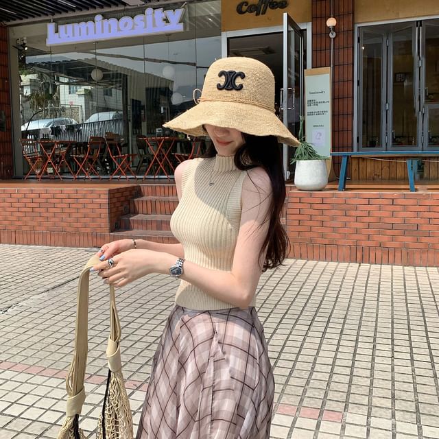 Mock Neck Plain Knit Crop Tank