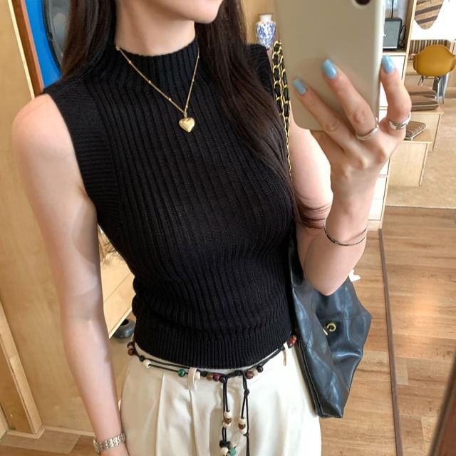Mock Neck Plain Knit Crop Tank