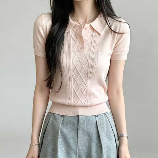 Collared Contrast Trim Short Sleeve Crop Knit Top