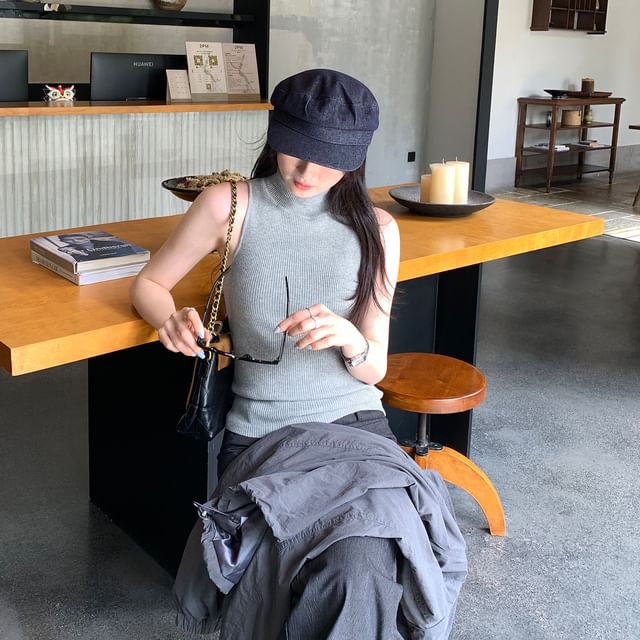 Ribbed Turtleneck Knit Tank Top