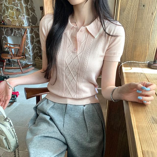Collared Contrast Trim Short Sleeve Crop Knit Top