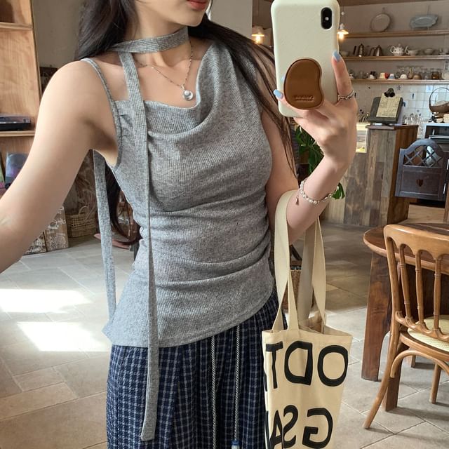Melange Asymmetrical Ruched Camisole Set with Scarf