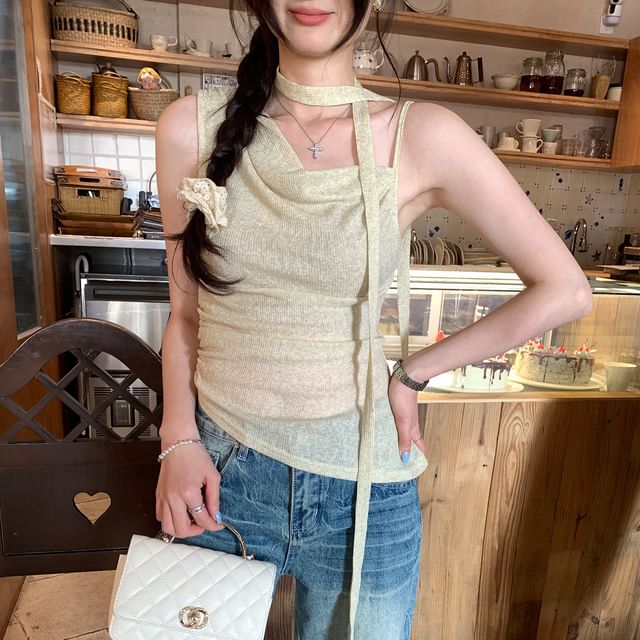 Melange Asymmetrical Ruched Camisole Set with Scarf
