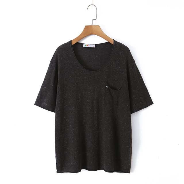 Elbow Sleeve Scoop Neck Melange Sheer Knit Top