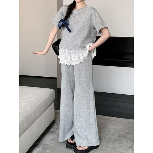 Maternity Lace Hem Top and Flared Pants Set