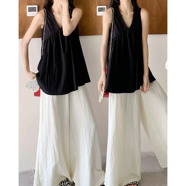 Maternity V-Neck Sleeveless Top and Wide Leg Pants Set