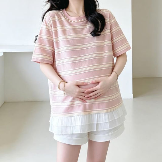 Maternity Striped Short-Sleeve Tee and Shorts Set