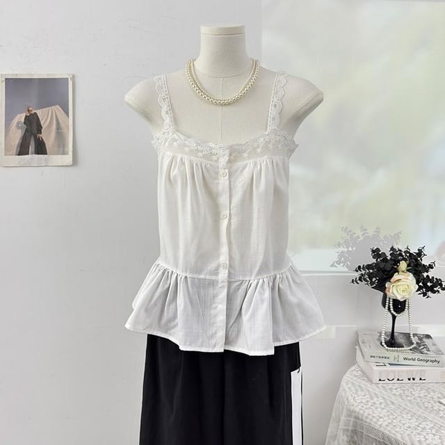 Sleeveless Lace Trim Button-Up Flowy Top
