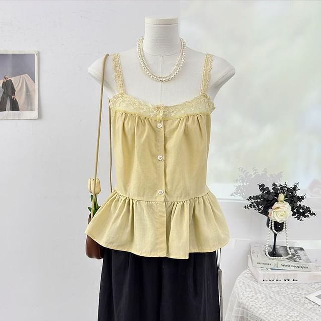 Sleeveless Lace Trim Button-Up Flowy Top