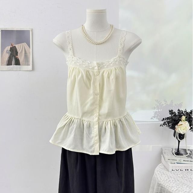 Sleeveless Lace Trim Button-Up Flowy Top