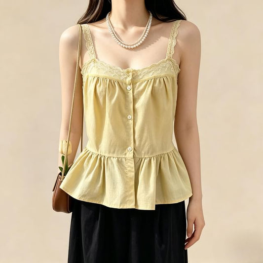 Sleeveless Lace Trim Button-Up Flowy Top