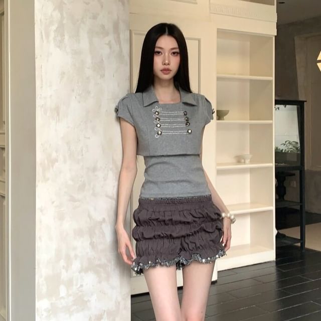 Square Neck Two Piece Polo Set with Bubble Shorts