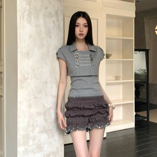 Square Neck Two Piece Polo Set with Bubble Shorts