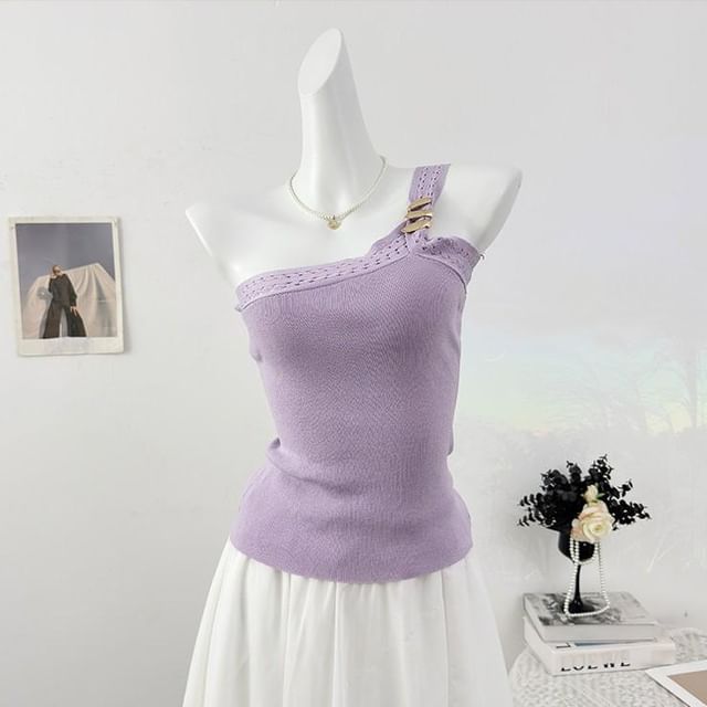 One-Shoulder Perforated Knit Crop Tank