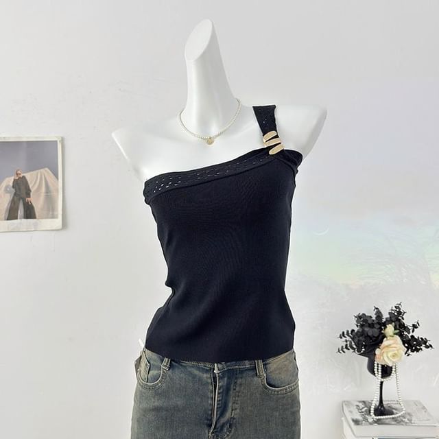One-Shoulder Perforated Knit Crop Tank