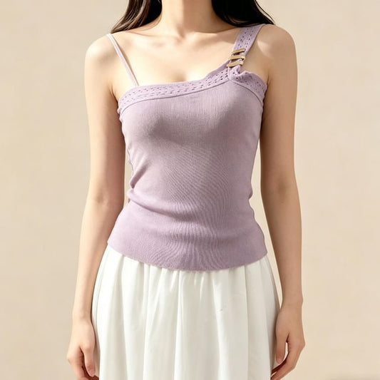 One-Shoulder Perforated Knit Crop Tank