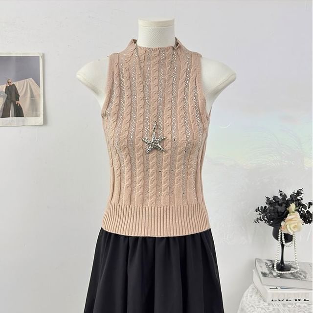 Mock Neck Rhinestone Cable Knit Crop Tank