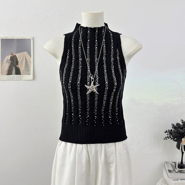 Mock Neck Rhinestone Cable Knit Crop Tank