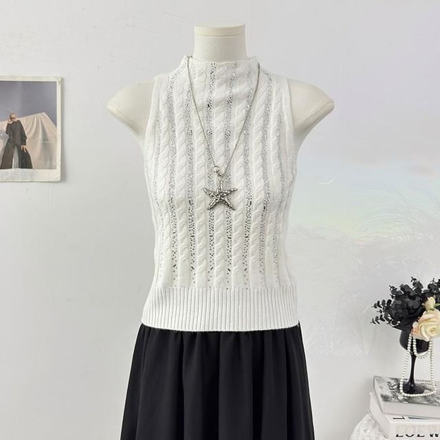 Mock Neck Rhinestone Cable Knit Crop Tank