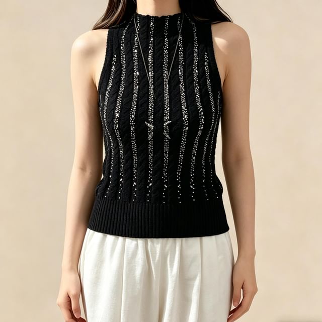 Mock Neck Rhinestone Cable Knit Crop Tank