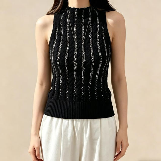 Mock Neck Rhinestone Cable Knit Crop Tank
