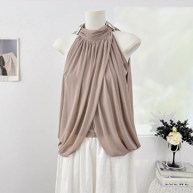 Halter Neck Metal Accent Ruched Mesh Top