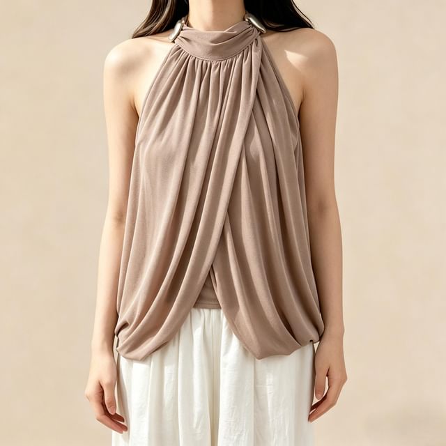 Halter Neck Metal Accent Ruched Mesh Top