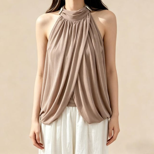 Halter Neck Metal Accent Ruched Mesh Top